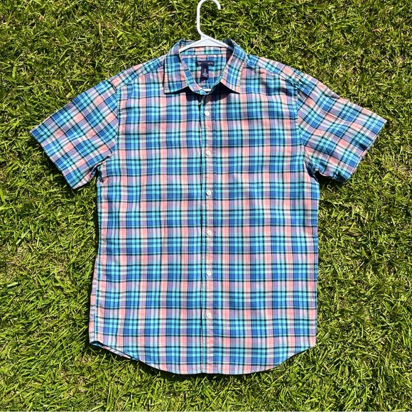 Gap Mens Slim Fit Large Blue Pink Plaid Short Sleeve Button Up Shirt - Picture 1 of 5